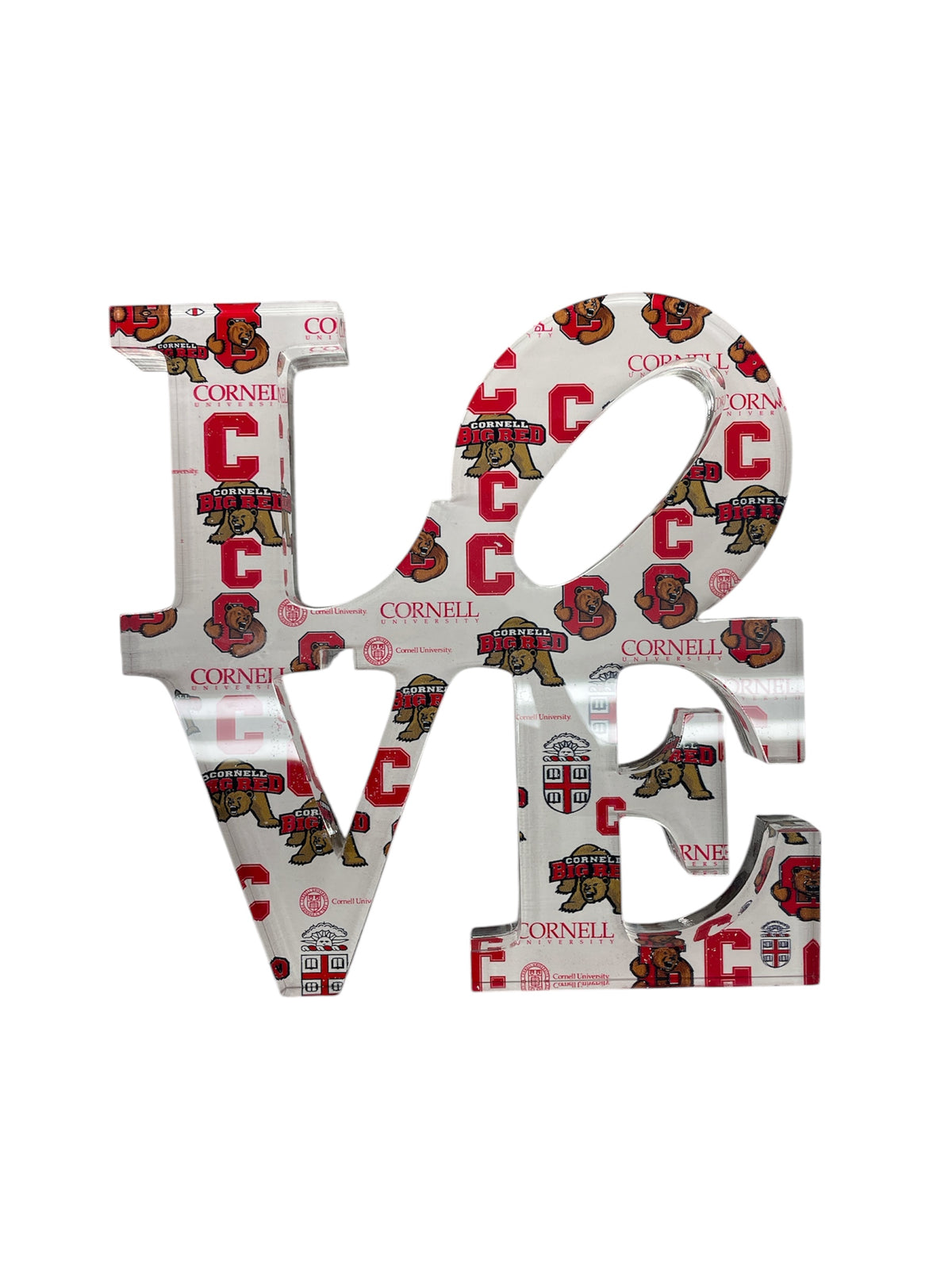 The Eye Candy College Love Sculpture features the word "LOVE" with Cornell University logos, Big Red bear mascots, and red-and-white CORNELL text—a perfect custom school accent or graduation gift.
