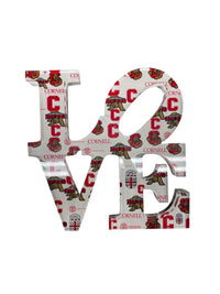 The Eye Candy College Love Sculpture features the word "LOVE" with Cornell University logos, Big Red bear mascots, and red-and-white CORNELL text—a perfect custom school accent or graduation gift.