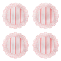 A set of four round Juliska Cabana Stripe Melamine plates in coral with vertical stripes and scalloped edges, arranged in a 2x2 grid on a white background.