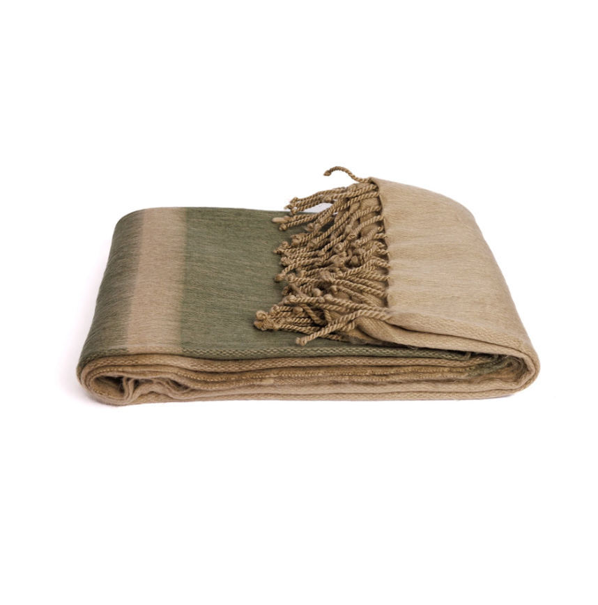 Kallpa Alpaca Throw - Tobacco Olive & Khaki blanket with olive green, tan, and brown stripes and tasseled edges.