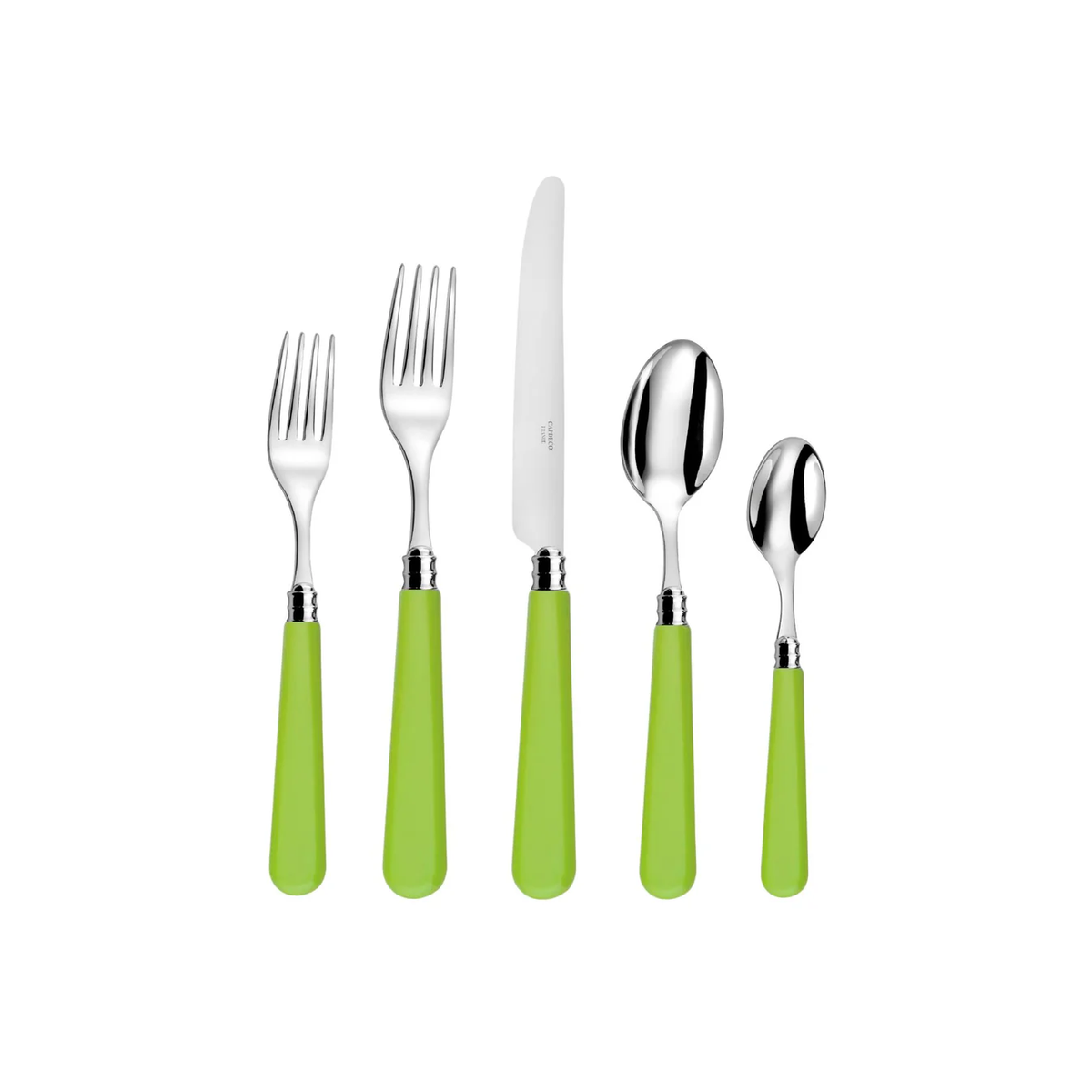 The Capdeco Altea Flatware 5 PPS set features two forks, a knife, a tablespoon, and a teaspoon with green handles, all made of high-quality steel and displayed side by side on a white background.