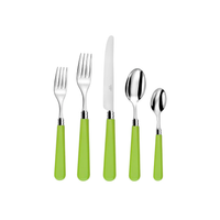 The Capdeco Altea Flatware 5 PPS set features two forks, a knife, a tablespoon, and a teaspoon with green handles, all made of high-quality steel and displayed side by side on a white background.