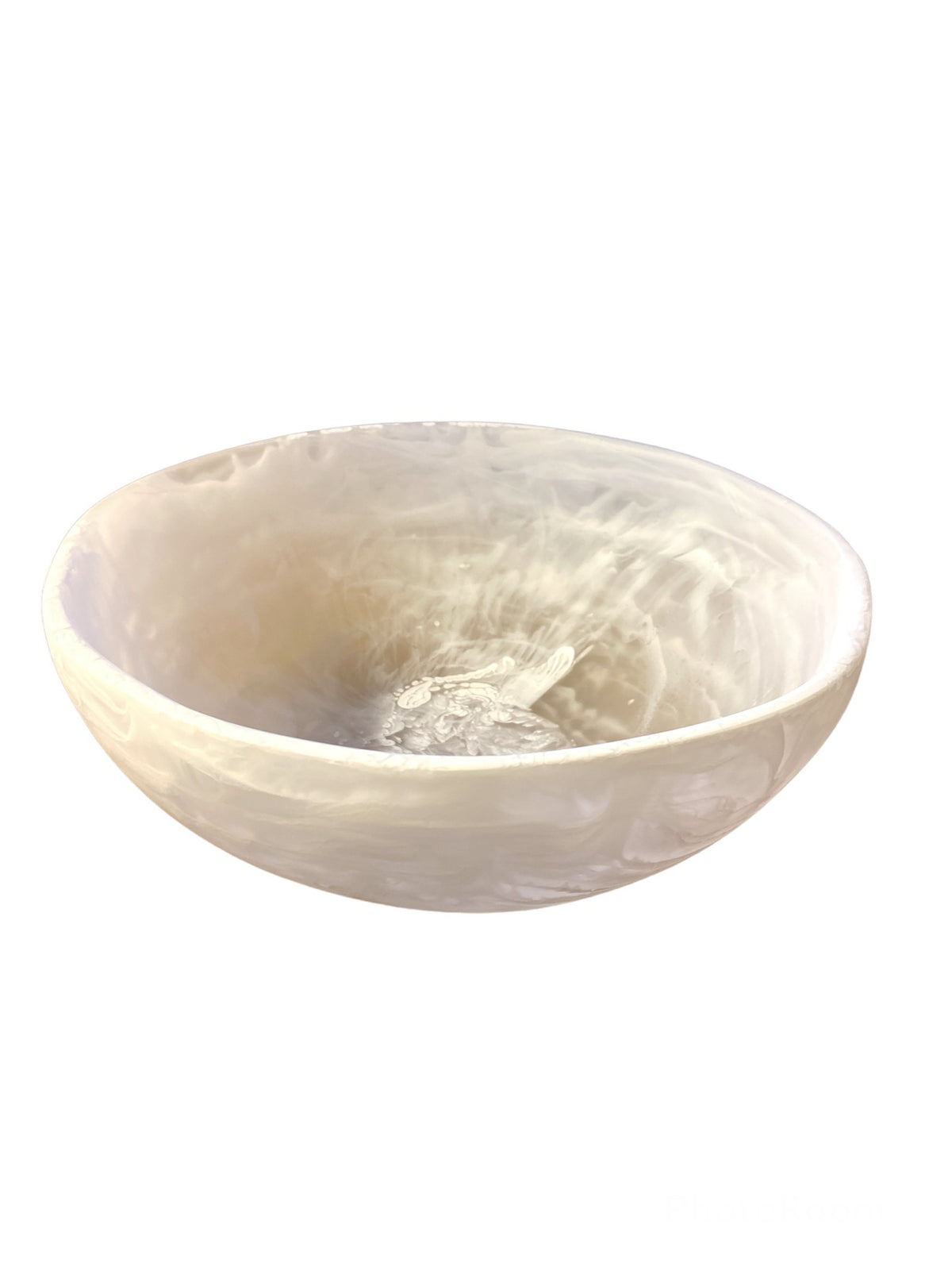 The Swirl Resin Classic Wave Bowl by Nashi Home is a round, shallow decorative bowl with smooth, curved sides in white marbled resin, shown on a plain white background.