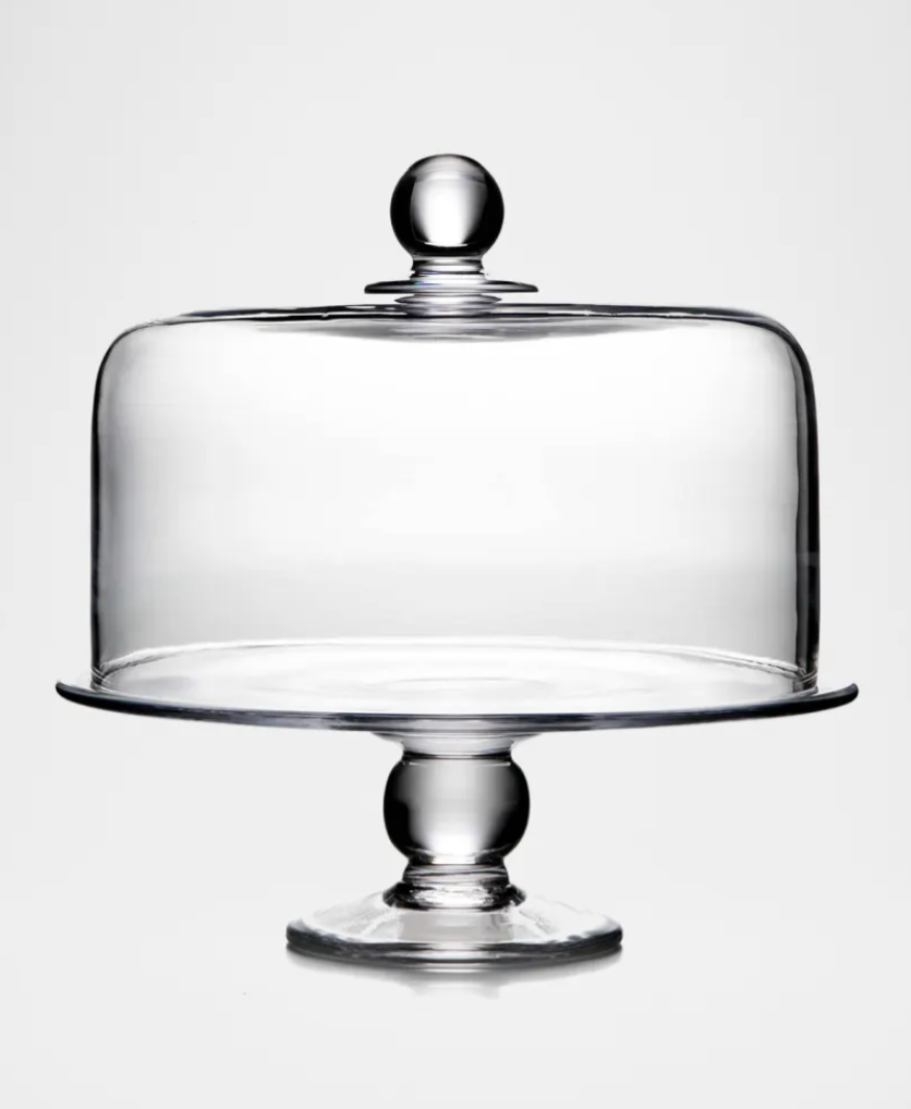The Hartland Cakeplate and Dome Set by Simon Pearce is a clear lead-free glass cakeplate with a wide base and matching dome lid, elegantly designed and shown on a plain white background.