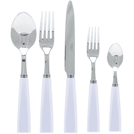 The Sabre Icone Flatware 5 Piece Setting features 18/10 stainless steel utensils with white handles—spoon, large fork, knife, small fork, and small spoon—displayed in a row on a white background.