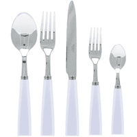 The Sabre Icone Flatware 5 Piece Setting features 18/10 stainless steel utensils with white handles—spoon, large fork, knife, small fork, and small spoon—displayed in a row on a white background.