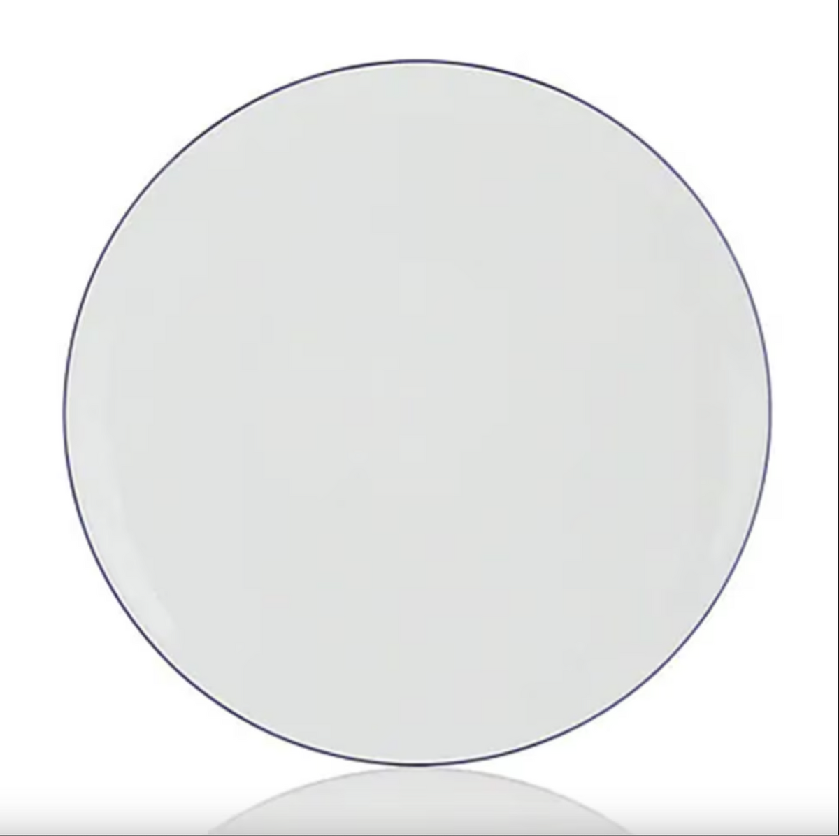 A round Monceau Bleu Outremer dinner plate by Raynaud, crafted from white Limoges porcelain with a thin, dark blue rim, displayed on a white background.