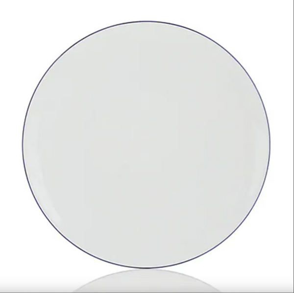A round Monceau Bleu Outremer dinner plate by Raynaud, crafted from white Limoges porcelain with a thin, dark blue rim, displayed on a white background.