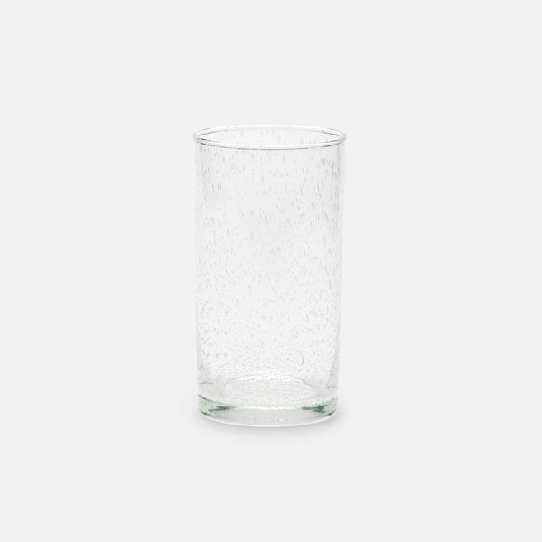 The Blue Pheasant Quinn Glassware Set of 6 in clear features cylindrical drinking glasses with small bubbles throughout, shown on a plain white background.