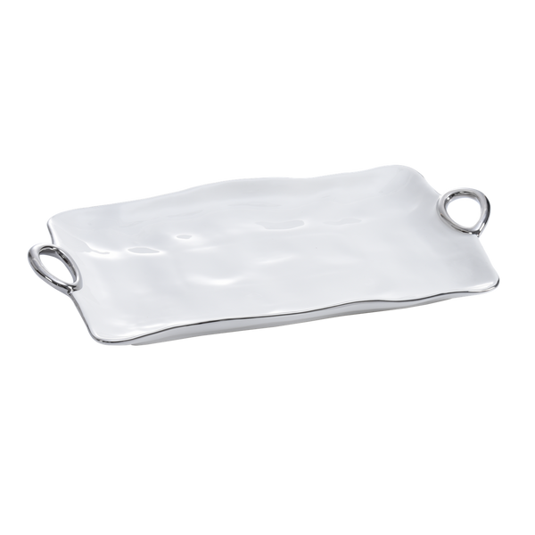 The PAMPA BAY Silver Handle Serving Tray Large features gently wavy edges and two rounded handles. This rectangular, dishwasher-safe tray adds a stylish touch to any white setting.