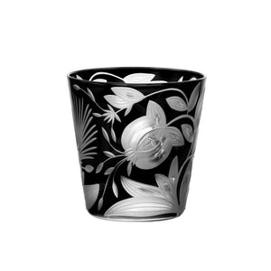 Black glass Verdure Vodka / Liqueur -Bright Colors - tumbler featuring an etched botanical design of flowers and leaves.