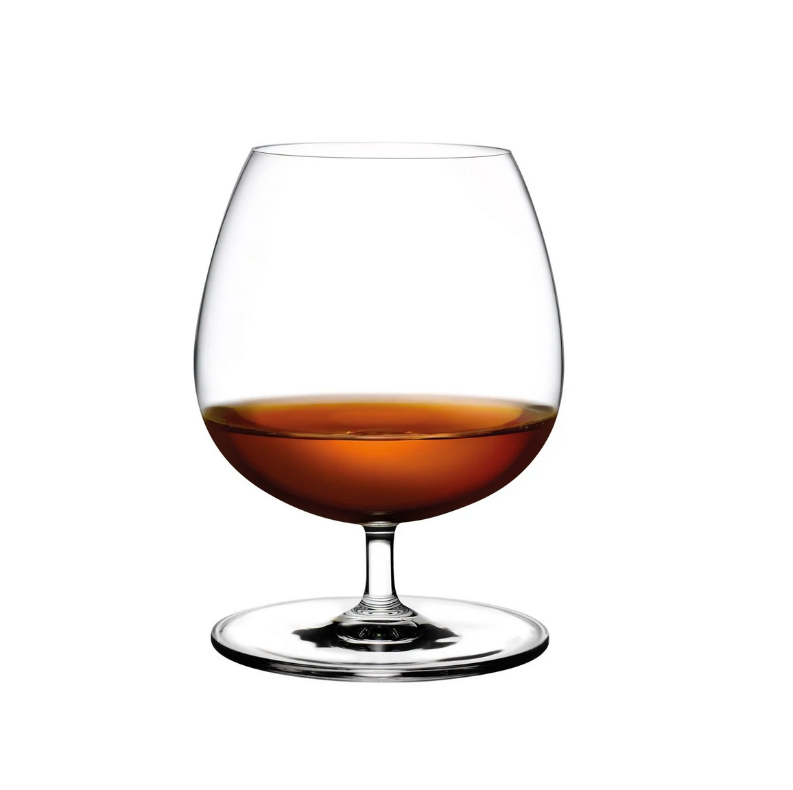 A Vintage Cognac Glass from Nude Glassware, partially filled with amber liquid, is set against a plain white background.