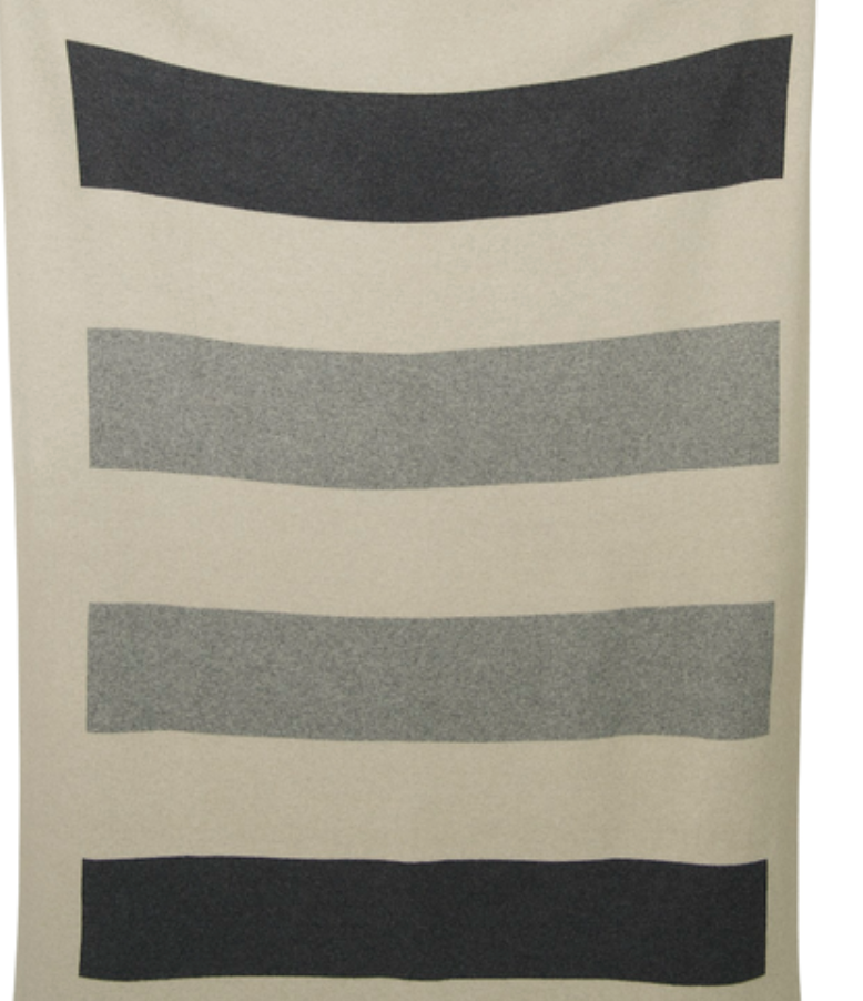 Hangai Mountain Textiles Color Field Charcoal & Stone Grey Cashmere Throw in light beige, featuring a color field design with four horizontal stripes in alternating charcoal and grey.