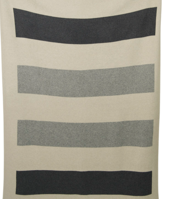 Hangai Mountain Textiles Color Field Charcoal & Stone Grey Cashmere Throw in light beige, featuring a color field design with four horizontal stripes in alternating charcoal and grey.