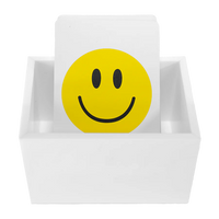 The Canasta Sets Canasta 2 Deck Holder is a white card holder displaying cards, with the front card showing a bold yellow smiley face—ideal for organizing or enhancing your Canasta card games.