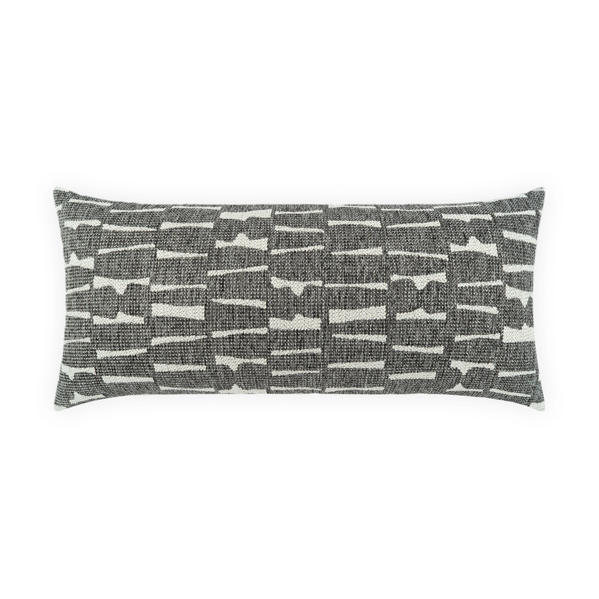 The D.V. KAP / Canaan Company Outdoor Pillow Latrobe Domino 12 x 24 features a rectangular geometric black and white design with irregular horizontal lines and shapes, shown on a white background.