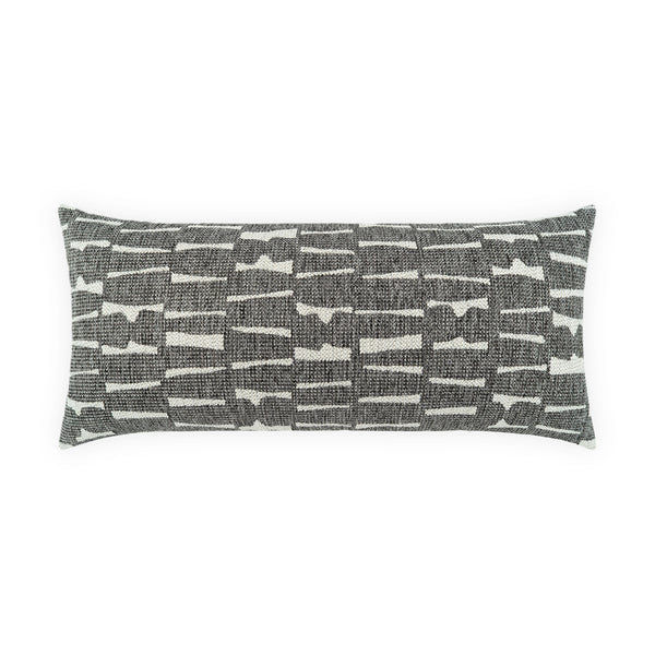 The D.V. KAP / Canaan Company Outdoor Pillow Latrobe Domino 12 x 24 features a rectangular geometric black and white design with irregular horizontal lines and shapes, shown on a white background.