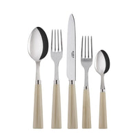 The Sabre Nature Flatware 5 Piece Setting - Faux Horn includes a tablespoon, dinner fork, dinner knife, salad fork, and teaspoon with beige handles, all arranged upright in a row on a white background.