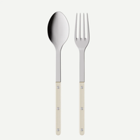 The Bistro Pearly Serving Set by Sabre features a metal spoon and fork with mother of pearl handles and rivets, displayed side by side on a plain white background.