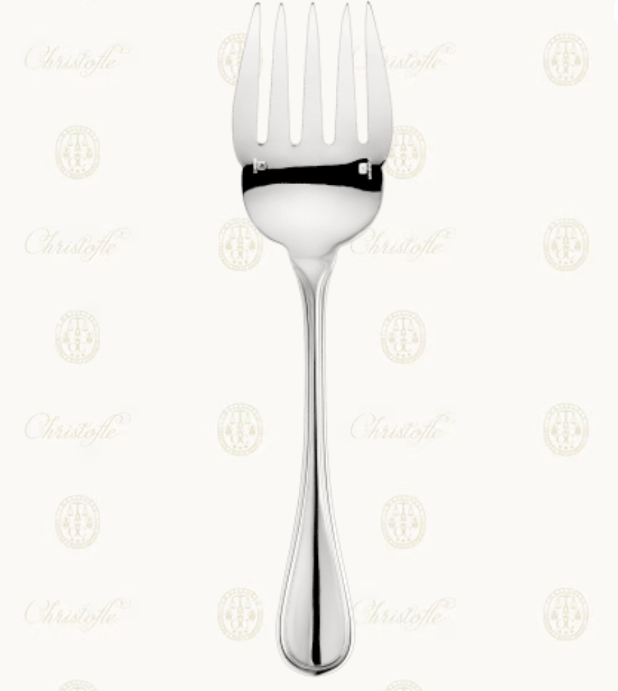 A silver-plated Albi Serving Piece by Christofle, featuring four wide tines and a sleek handle, is displayed on a light background with subtle Christofle logos.