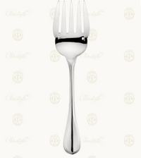 A silver-plated Albi Serving Piece by Christofle, featuring four wide tines and a sleek handle, is displayed on a light background with subtle Christofle logos.