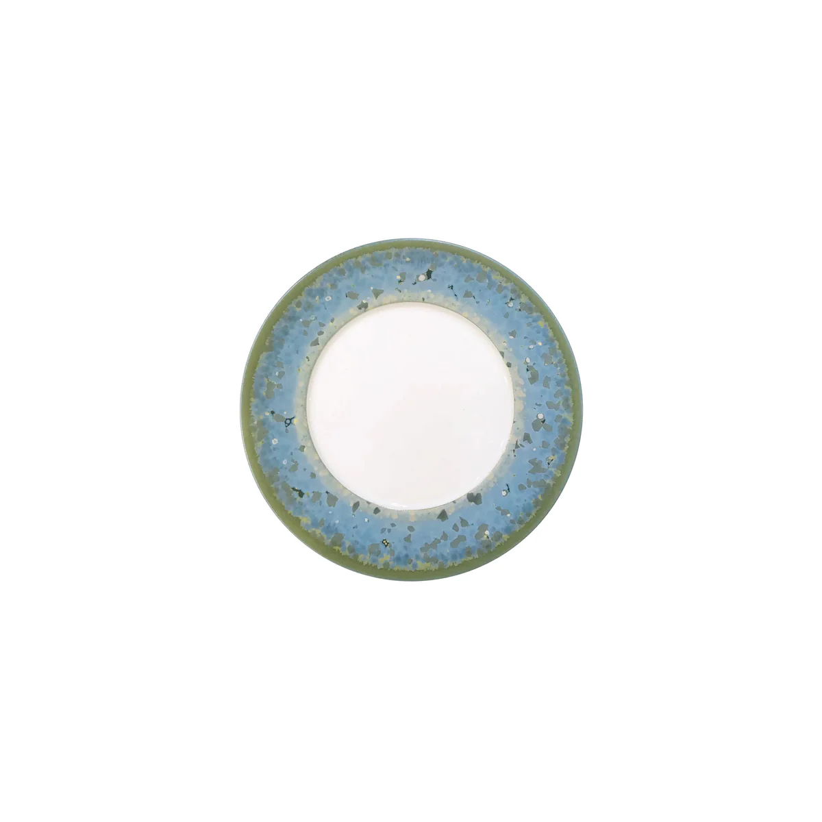 A Jaune De Chrome Nymphea Dinnerware round ceramic plate with a white center, wide blue rim speckled with darker spots, and a thin olive green edge is shown on a white background.