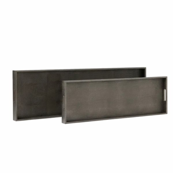 Two rectangular smoke Emery Console Tray Smoke trays with faux shagreen texture and cutout handles, one placed slightly behind and higher than the other.
