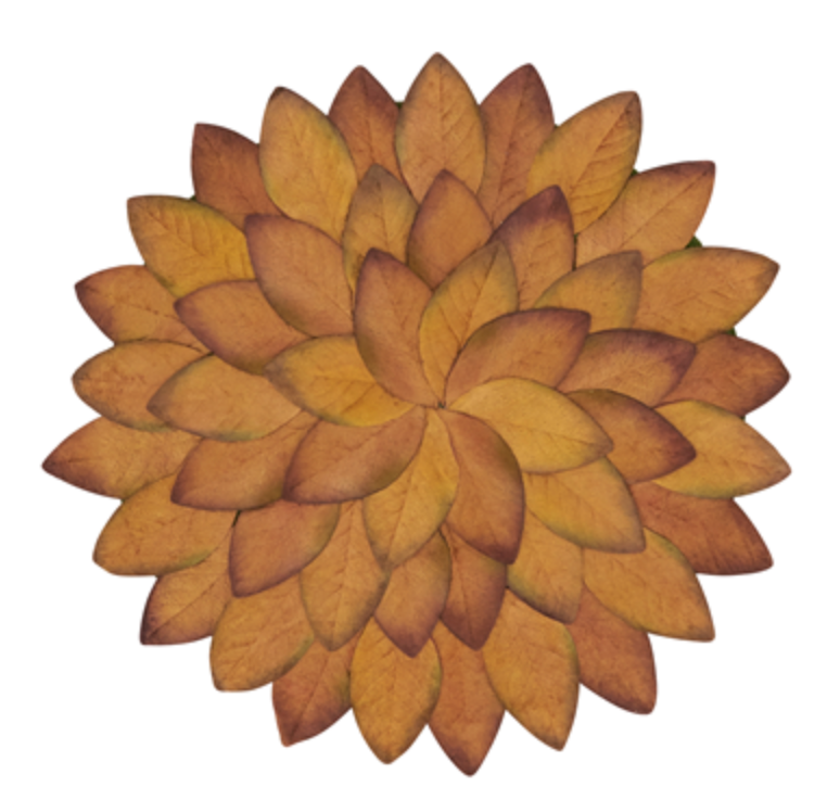 Leaves Placemat Set of 4 - Copper, a round placemat featuring overlapping, leaf-shaped pieces in a copper-toned circular pattern, perfect for elegant autumn table decor.