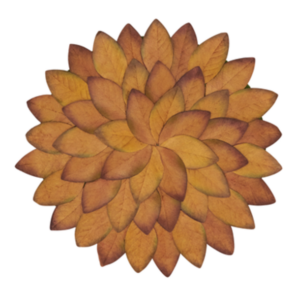 Leaves Placemat Set of 4 - Copper, a round placemat featuring overlapping, leaf-shaped pieces in a copper-toned circular pattern, perfect for elegant autumn table decor.