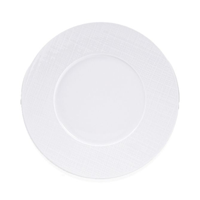 The Bernardaud Organza White Dinnerware features a round, white Limoges porcelain plate with a delicate textured pattern—an elegant choice for minimalist interiors, shown from above on a plain white background.