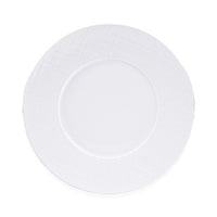 The Bernardaud Organza White Dinnerware features a round, white Limoges porcelain plate with a delicate textured pattern—an elegant choice for minimalist interiors, shown from above on a plain white background.