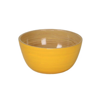The Bamboo Classic - Mini Dip Bowl by Albert L is a round mini bamboo bowl featuring a glossy yellow exterior and wood-textured light brown interior, crafted from food-safe bamboo and shown on a white background.