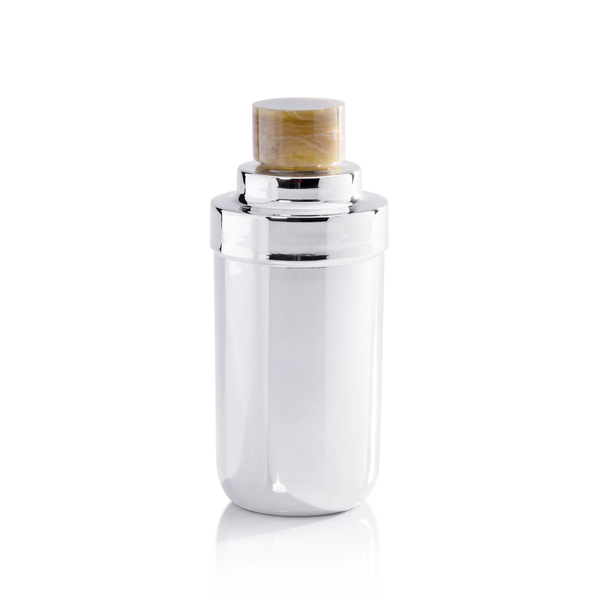 The Spector Cocktail Shaker by Zodax features a sleek nickel body and a marbled amber lid, photographed on a white background—an elegant must-have for any mixology enthusiast.