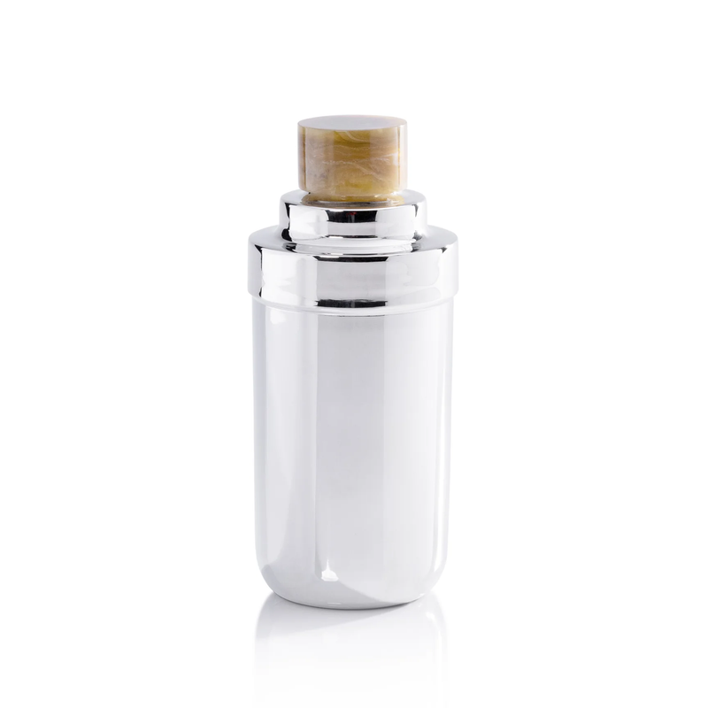 The Spector Cocktail Shaker by Zodax features a sleek nickel body and a marbled amber lid, photographed on a white background—an elegant must-have for any mixology enthusiast.