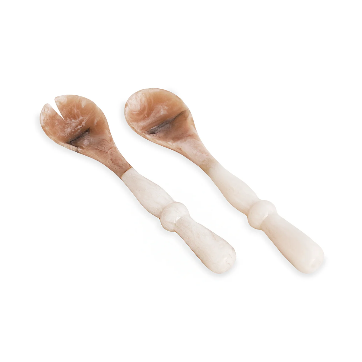 The Beatriz Ball Resin Alabaster Salad Servers - White Swirl feature a forked and spoon-shaped design, each with smooth, polished finishes, white swirl tones, and rounded handles for elegant serving.