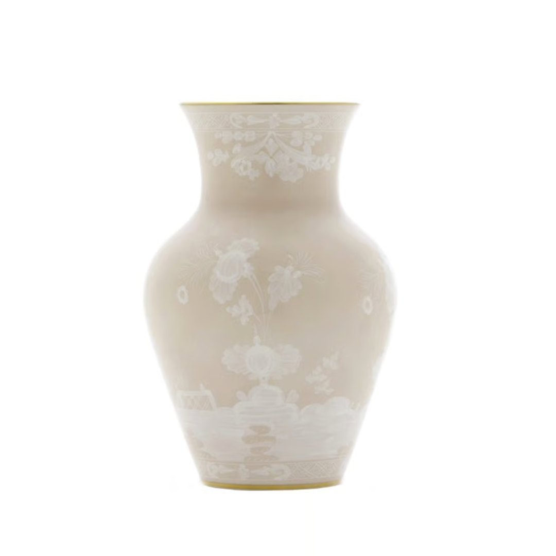 The Oriente Italiano Ming Vase 9" by Ginori 1735 is a beige ceramic piece with a wide mouth, narrow neck, and white floral patterns—an elegant Italian decor accent for any space.
