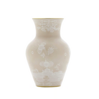 The Oriente Italiano Ming Vase 9" by Ginori 1735 is a beige ceramic piece with a wide mouth, narrow neck, and white floral patterns—an elegant Italian decor accent for any space.