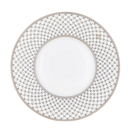 The Home Platinum Dinnerware round plate by Robert Haviland & C. Parlon features a plain white center and a wide decorative border with a repeating geometric square pattern in silver and grey. Crafted from luxury porcelain.