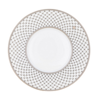 The Home Platinum Dinnerware round plate by Robert Haviland & C. Parlon features a plain white center and a wide decorative border with a repeating geometric square pattern in silver and grey. Crafted from luxury porcelain.