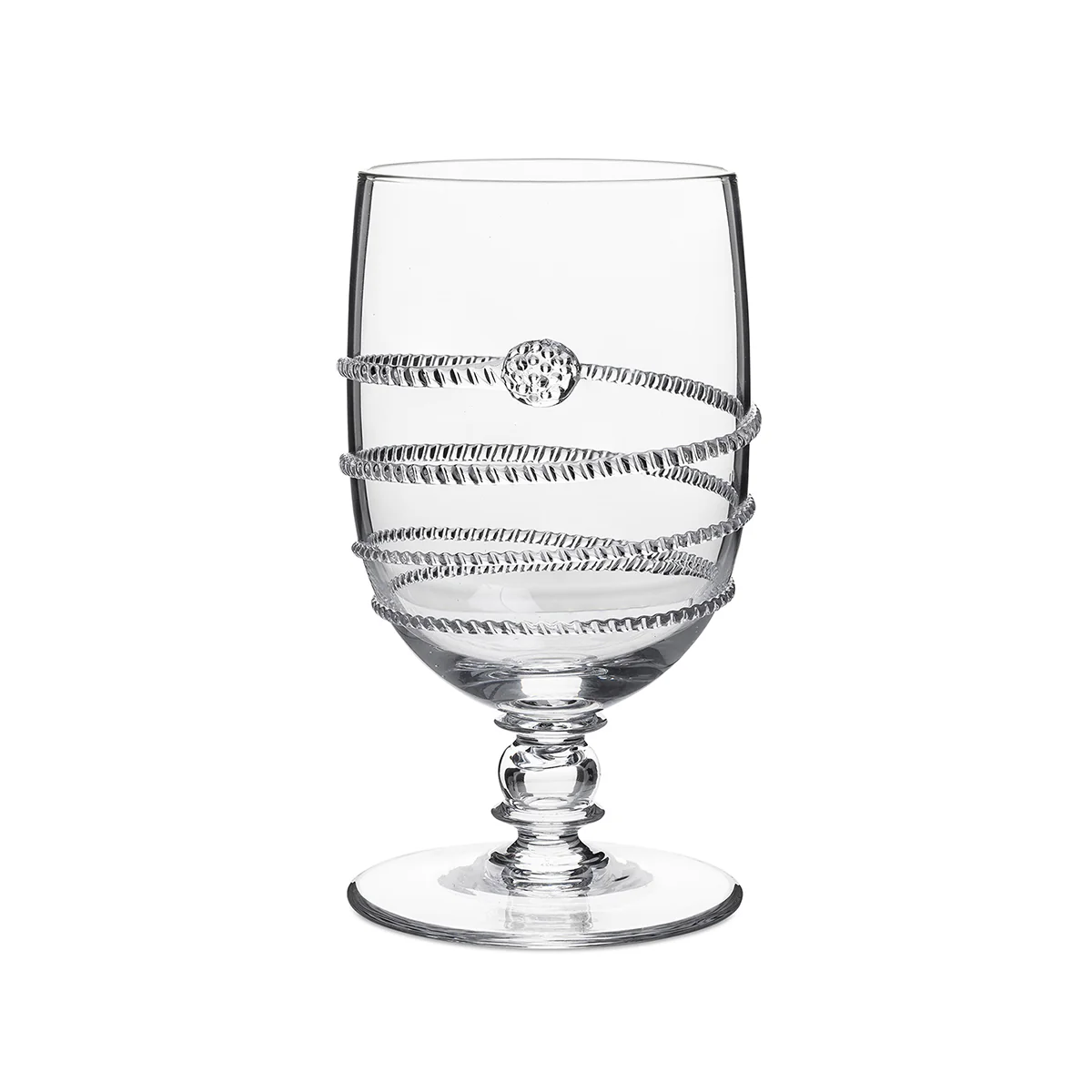 The Juliska Amalia Glassware goblet features a decorative spiral silver ribbon and a small round accent gracefully wrapped around the clear handmade bowl—an elegant addition to any table.