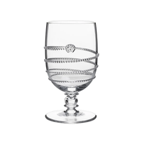 The Juliska Amalia Glassware goblet features a decorative spiral silver ribbon and a small round accent gracefully wrapped around the clear handmade bowl—an elegant addition to any table.