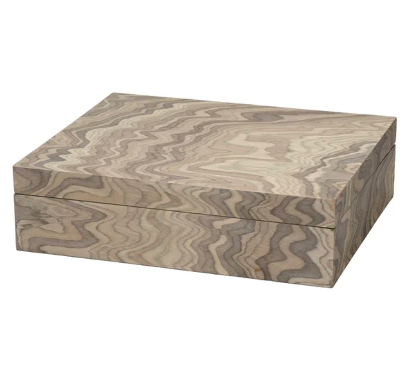 The Ravine Box - Grey by Jamie Young is a rectangular decorative storage box featuring a wavy, light and dark wood grain pattern on its surface, shown with the lid closed against a white background.