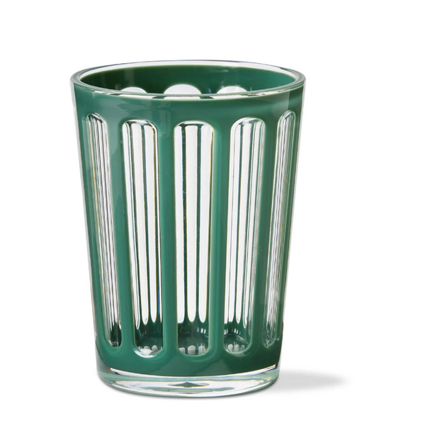 The TAG Chalet Acrylic Drinkware Green is a clear tumbler with vertical raised green stripes and a thick base, shown on a white background.
