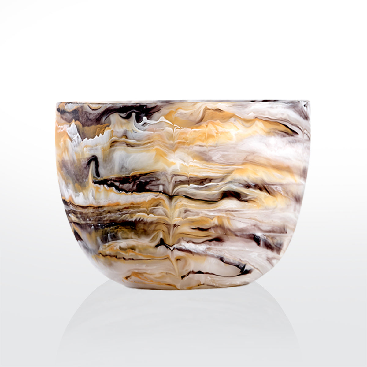 The Nashi Home Swirl Colored Resin Deep Bowl features a marbled pattern in cream, brown, black, and caramel on a white background.