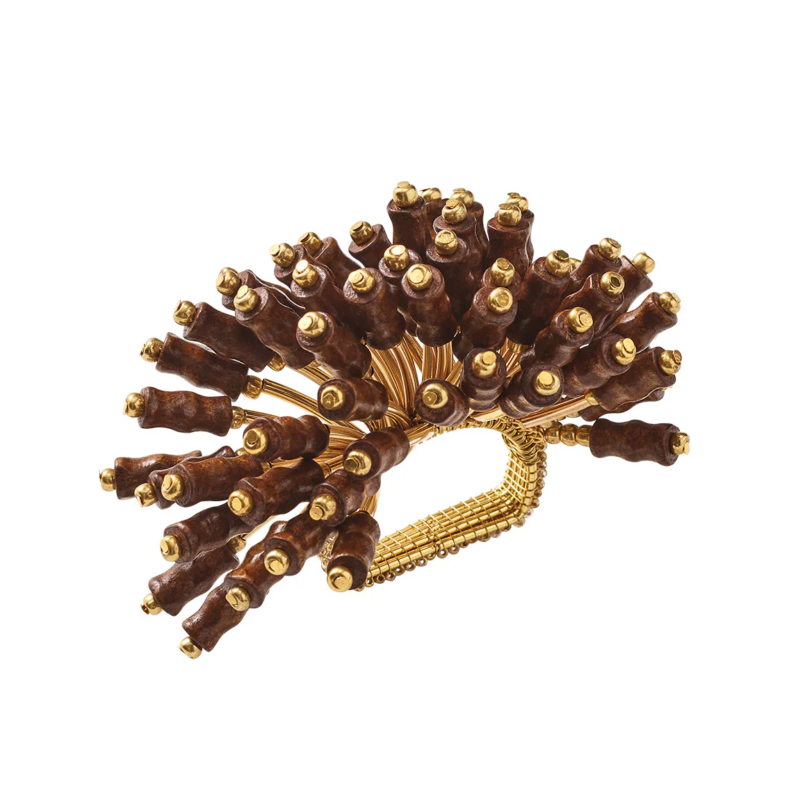 The Kim Seybert Royal Palm Napkin Ring Set of 4 features sculptural gold rings with brown wooden pieces tipped in gold spheres, forming a fan-like design—ideal for adding a tropical touch to your table decor.