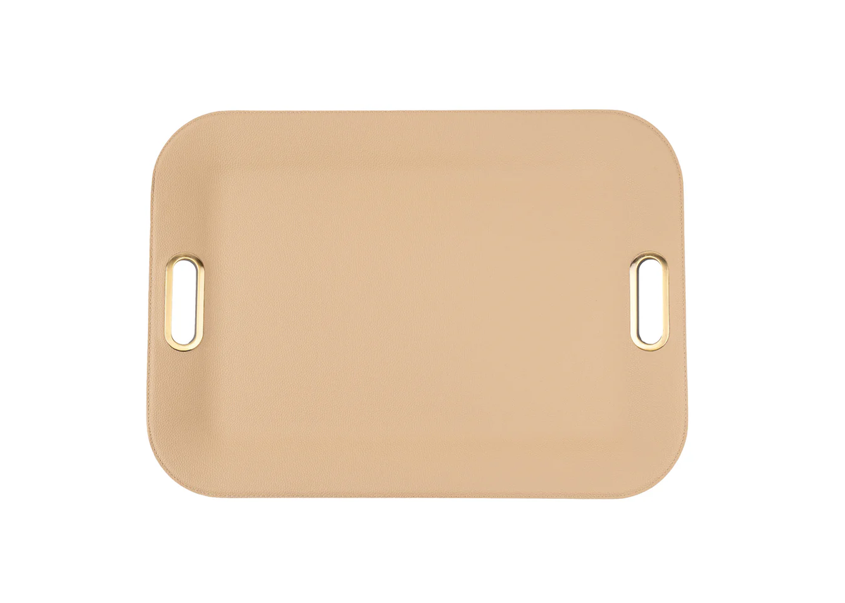 The Osso Handled Serving Tray by Bold Decor features a large rectangular beige design with rounded corners and two oval gold handles, shown on a white background.