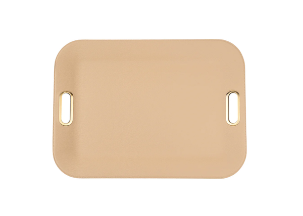 The Osso Handled Serving Tray by Bold Decor features a large rectangular beige design with rounded corners and two oval gold handles, shown on a white background.