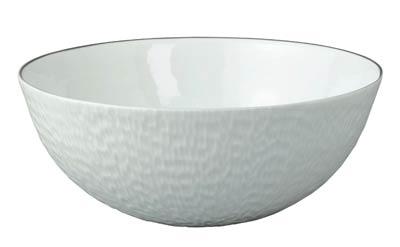 A white, round Raynaud Mineral Irise Dinnerware Platinum porcelain bowl features a subtle textured exterior and smooth rim, displayed on a plain white background.