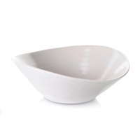 The Barre Dinnerware Alabaster by Simon Pearce is a modern, asymmetrical white ceramic bowl made of hand-thrown stoneware in the USA, shown on a plain white background.