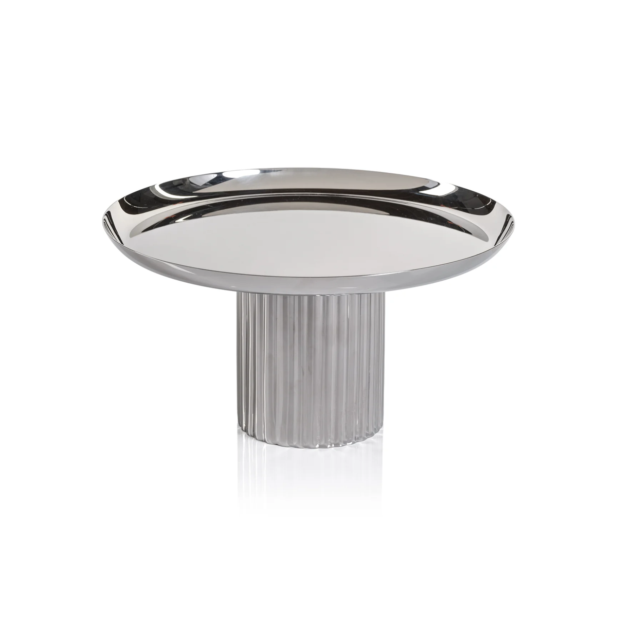 A Zodax Polished Nickel Cake Stand featuring a flat circular tray on a wide, vertically ribbed pedestal base.